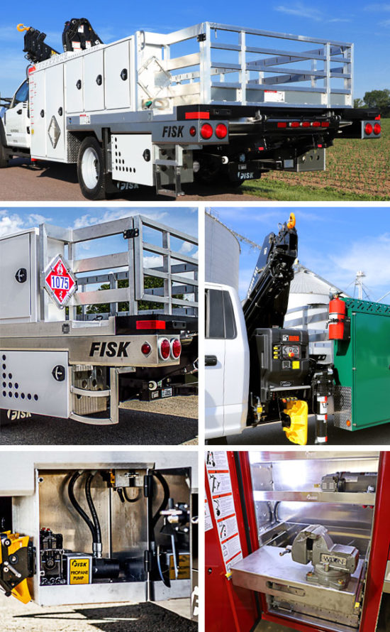 The close up details of Fisk knuckleboom trucks with cranes