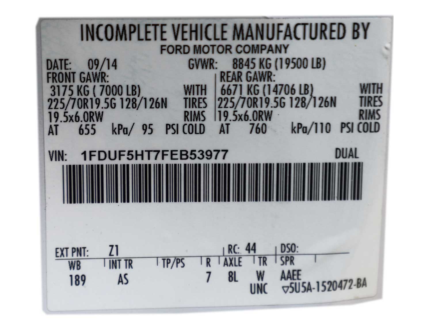 The tag of an incomplete vehicle manufactured by ford motor company